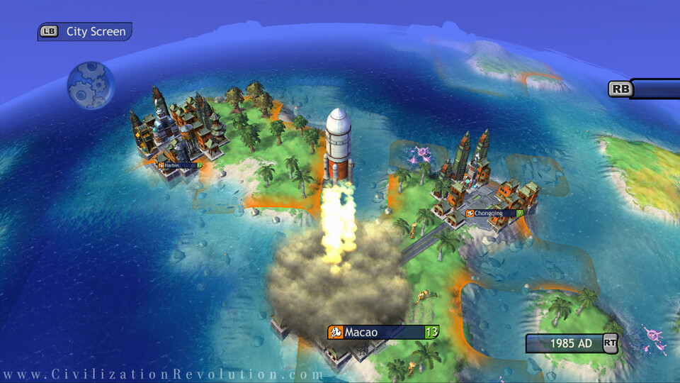 Civilization Revolution: a rocket launching from a coastal city