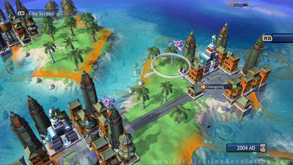Civilization Revolution: a coastal city of skyscrapers