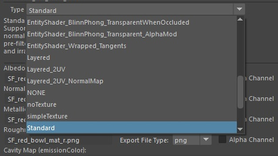 LFA Scene Manager exporter dialog in Maya with the material type list open and Standard selected
