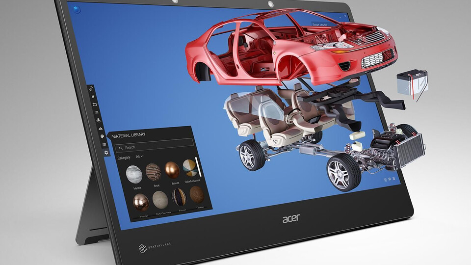 Autostereoscopic display showing an exploded car model, with the car body, seats and chassis appearing to float out in front of the screen