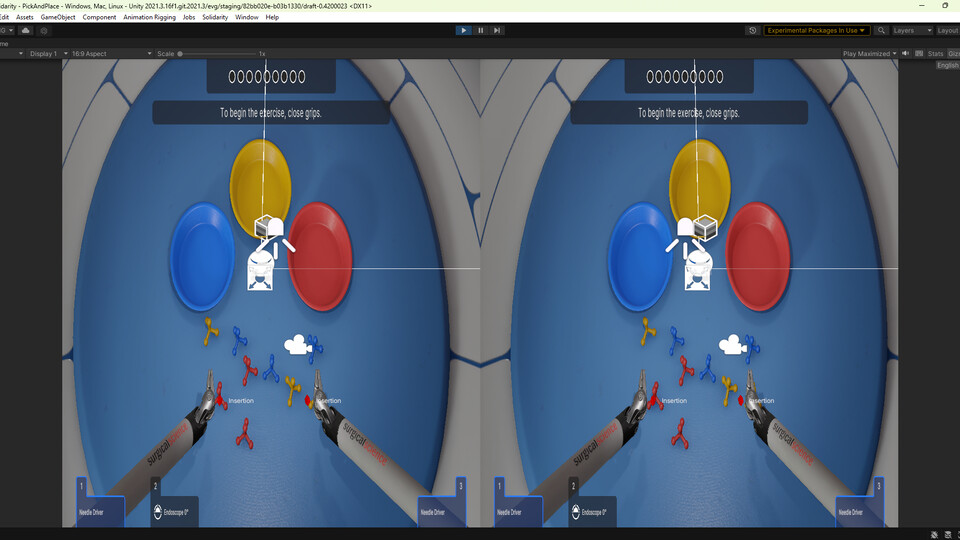Unity editor showing side-by-side left and right eye views of the pick-and-place exercise