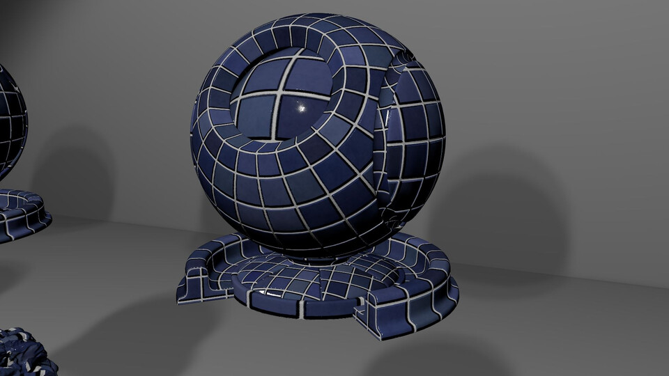 Blue tiled sphere on a pedestal with a glossy finish