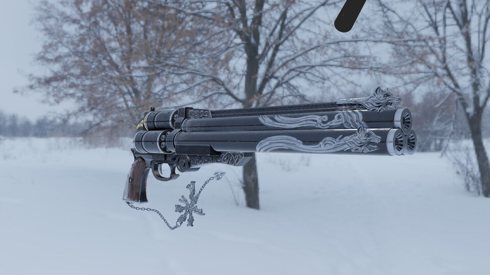 Cerberus pistol lit by a snowy outdoor environment