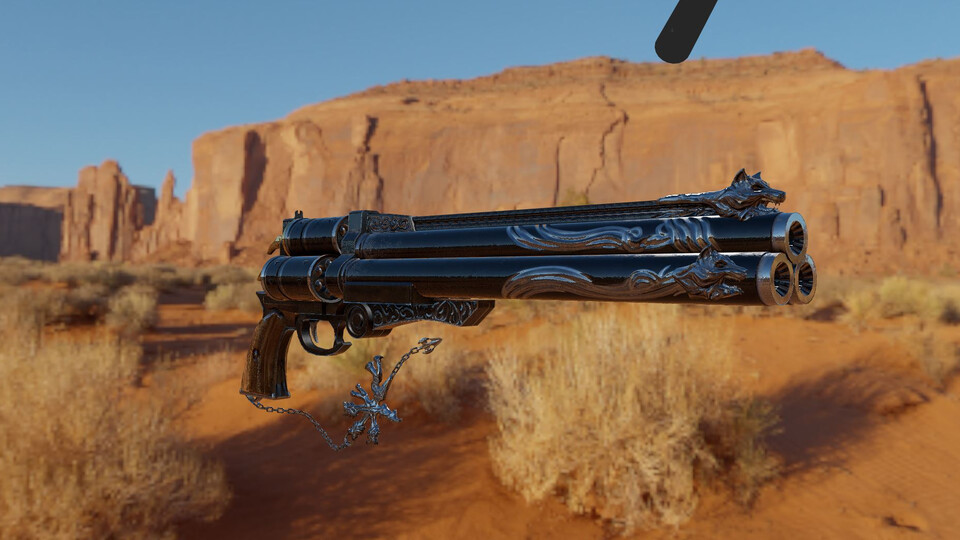 Cerberus pistol lit by a desert environment