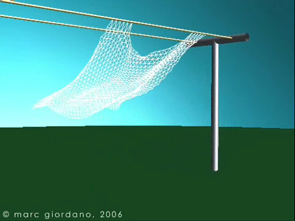 Video: a wireframe cloth pinned to a clothes line, blowing in strong wind