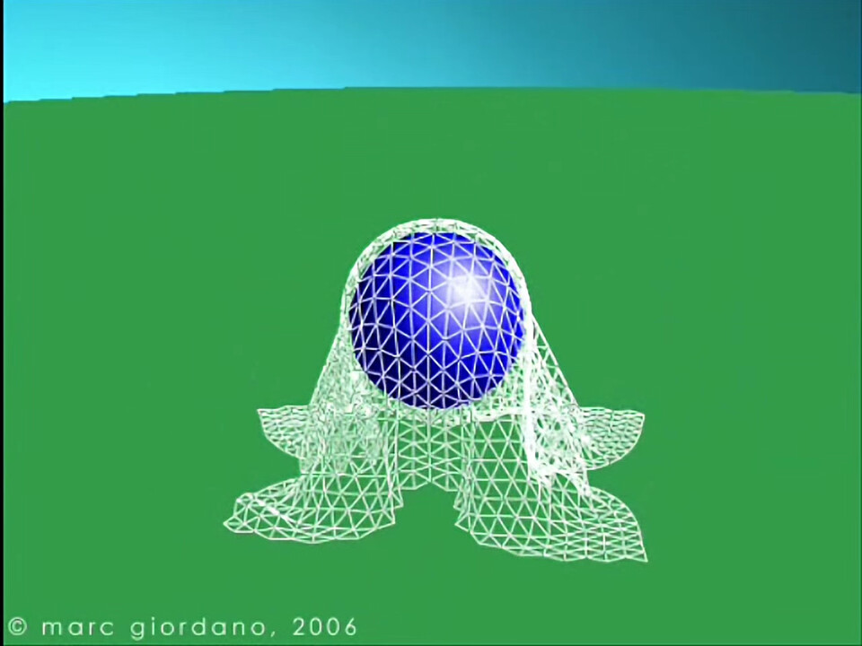 Video: wireframe burlap, cotton and silk cloths falling onto and draping over a blue sphere