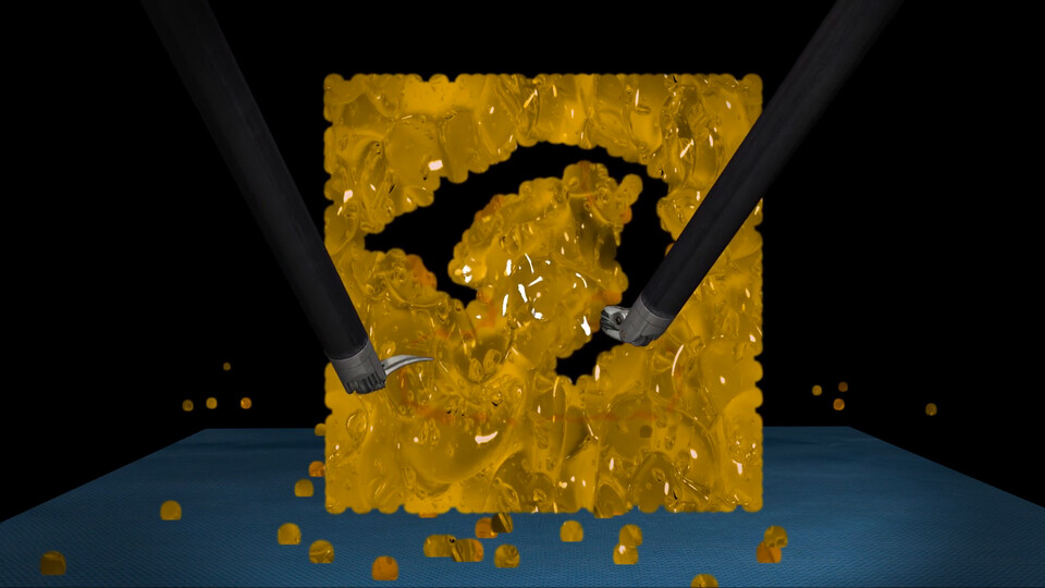 Video: two instruments dissecting a block of yellow fat drawn as billboard particles