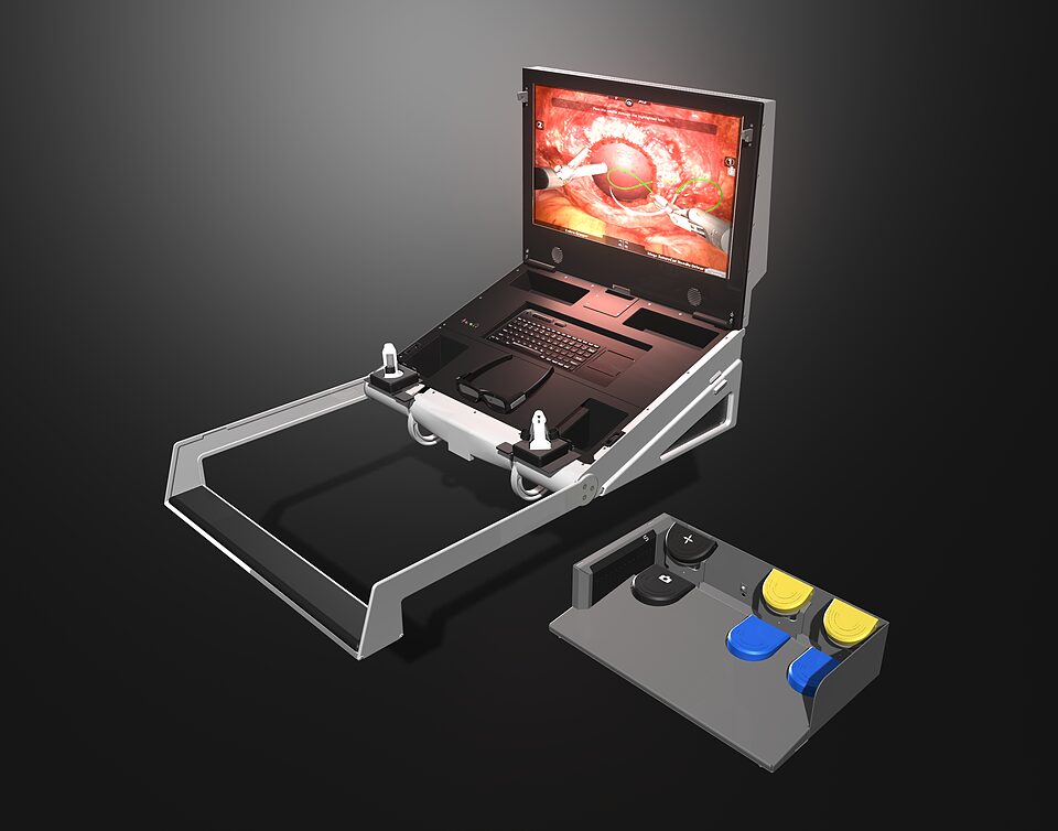 FlexVR portable robotic surgery simulator with a 3D display, hand controllers and foot pedals