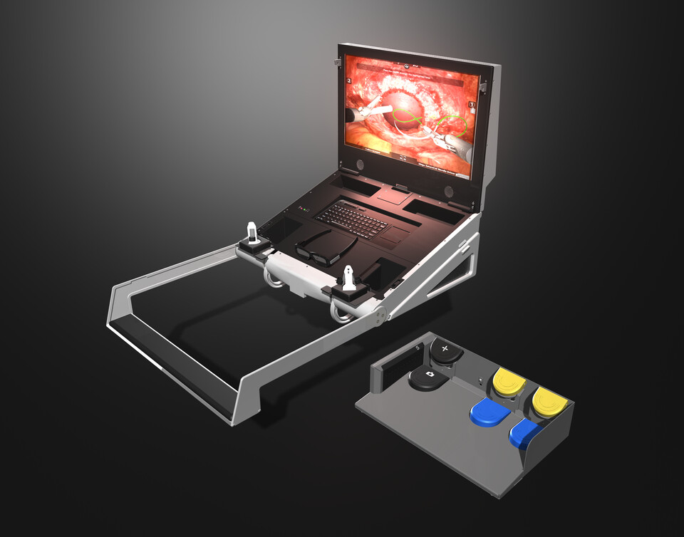 FlexVR portable surgical simulator with an open 3D display showing a simulated procedure, 3D glasses, hand controllers and a foot pedal unit