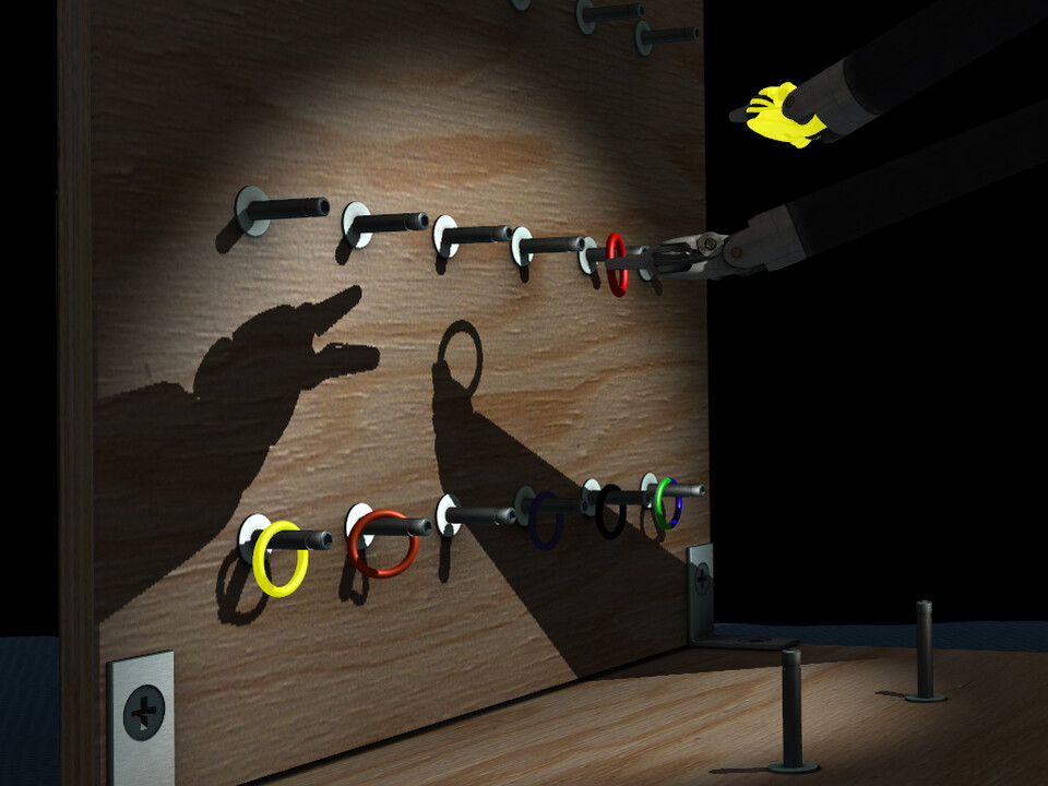 Hard-edged shadows of two instruments and a ring cast by a spotlight onto a pegboard