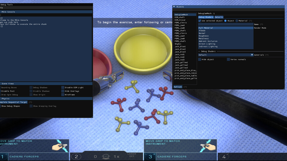 Dear ImGui windows over a running pick-and-place exercise: a Lua console with scene view and physics toggles, and an object list with debug render modes such as albedo, normal, roughness and lighting
