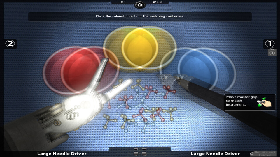 Interlaced stereo frame of the pick-and-place exercise, with doubled red, yellow and blue dishes and instruments