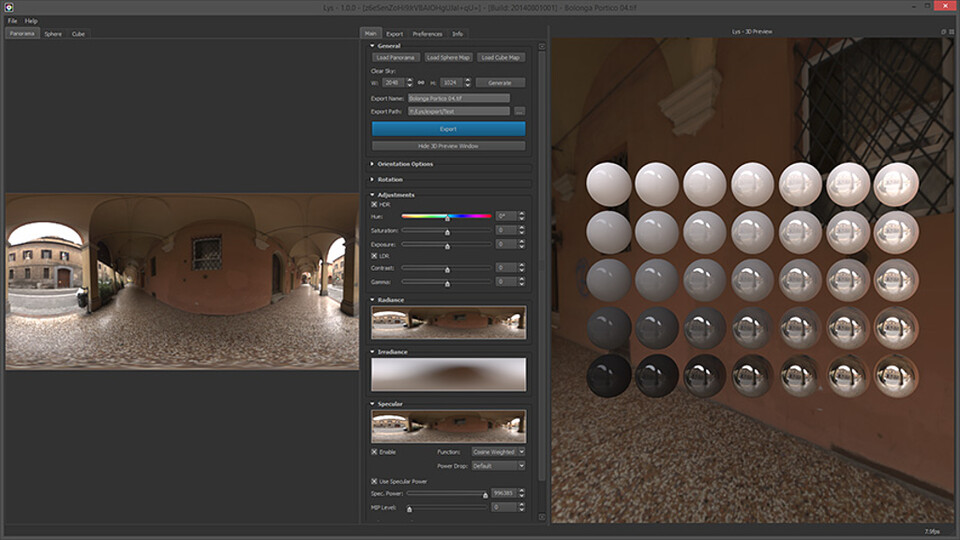 Lys tool with an HDR panorama, radiance, irradiance and specular map previews, and a 3D preview of spheres lit by the environment