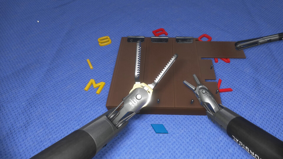 Matching exercise: robotic instruments placing letter pieces on a wooden board