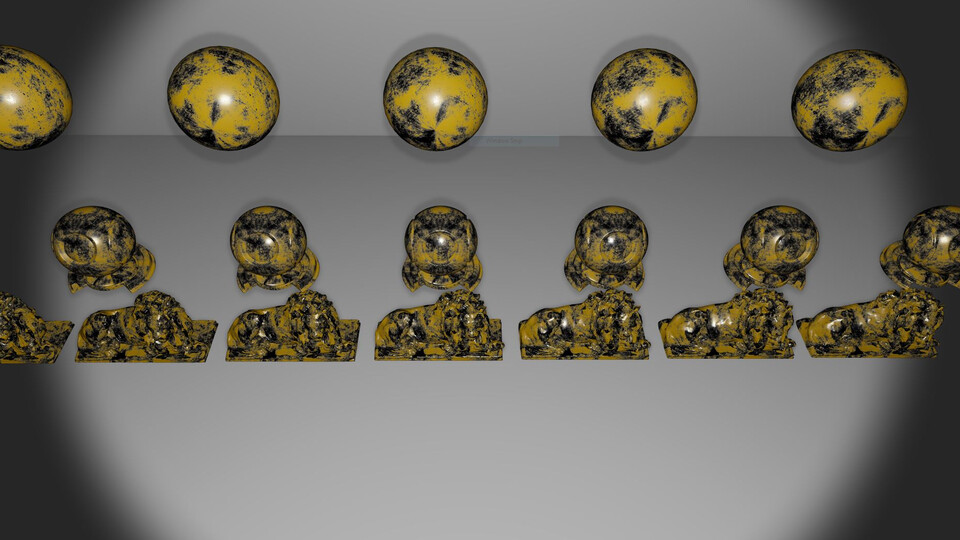 Spheres, shader balls and lion statues in worn yellow-and-black painted metal under a spotlight