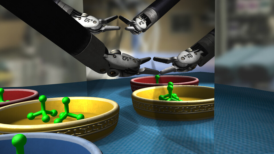 Instruments mirrored in a flat reflective surface behind bowls of green pieces