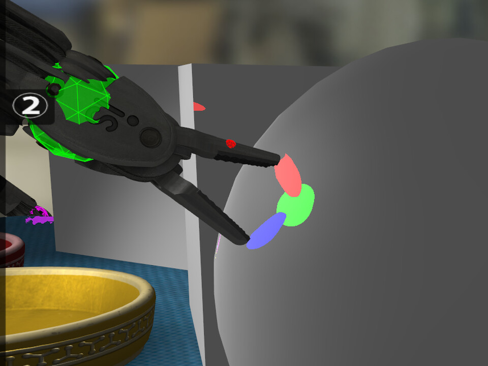 Debug view: ellipsoid render proxies on the jaws of an instrument close to a gray wall
