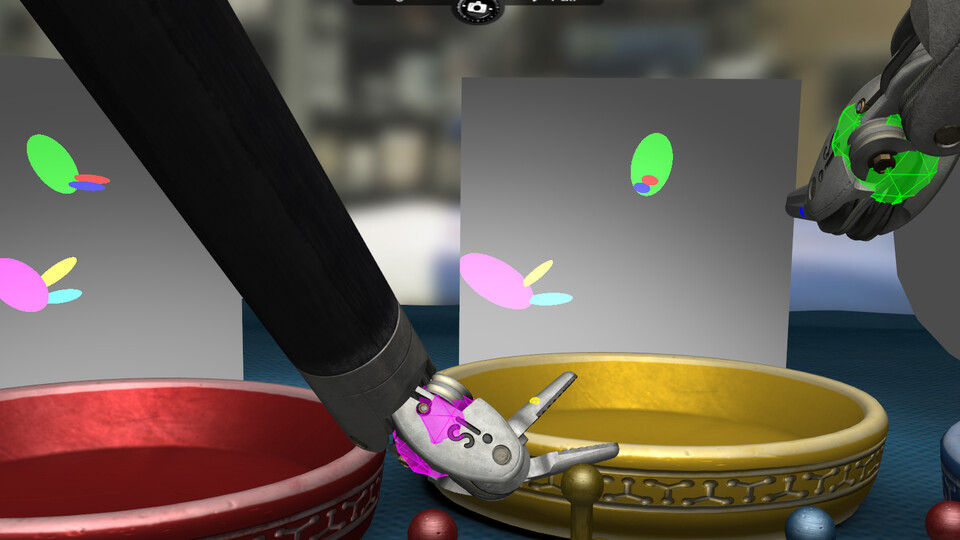 Debug view: ellipsoid render proxies drawn as colored ellipses on an instrument gripping a block