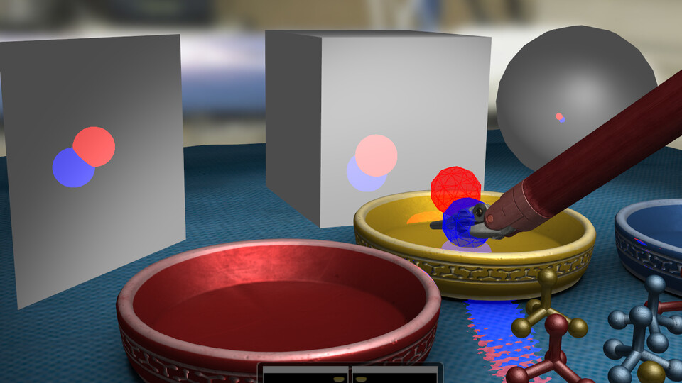 Debug view: colored spheroid render proxies attached to an instrument above bowls of colored blocks