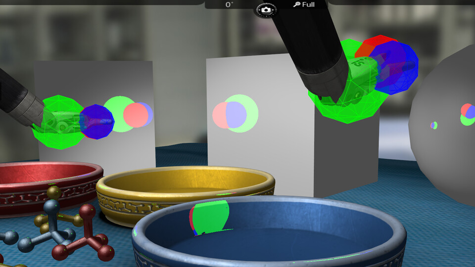 Debug view: spheroid render proxies, drawn as colored discs, on two instruments above a bowl