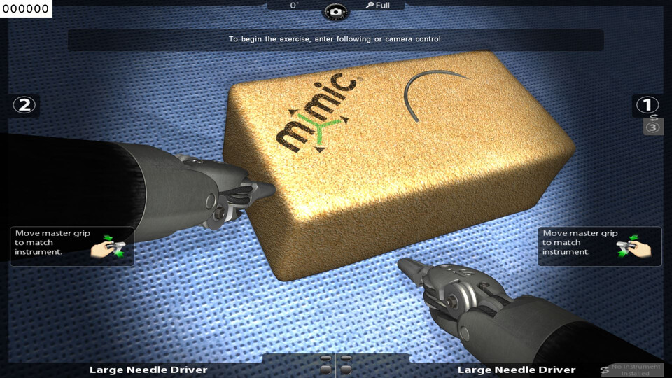 The matching rendered frame: two needle drivers beside a suture block with a curved needle, with frame number 000000
