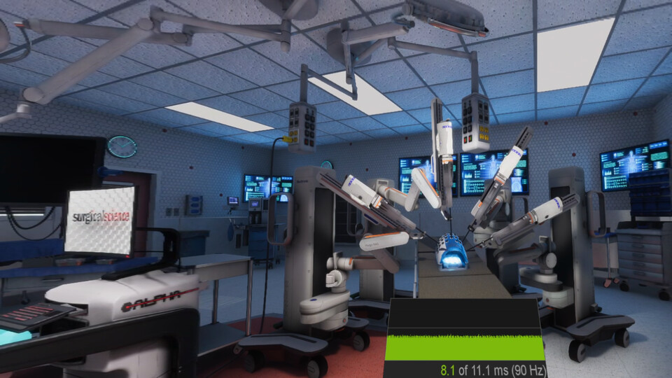 Headset view of the VR operating room from beside the surgeon's console, with the patient-side robot arms over the table and a frame-time graph