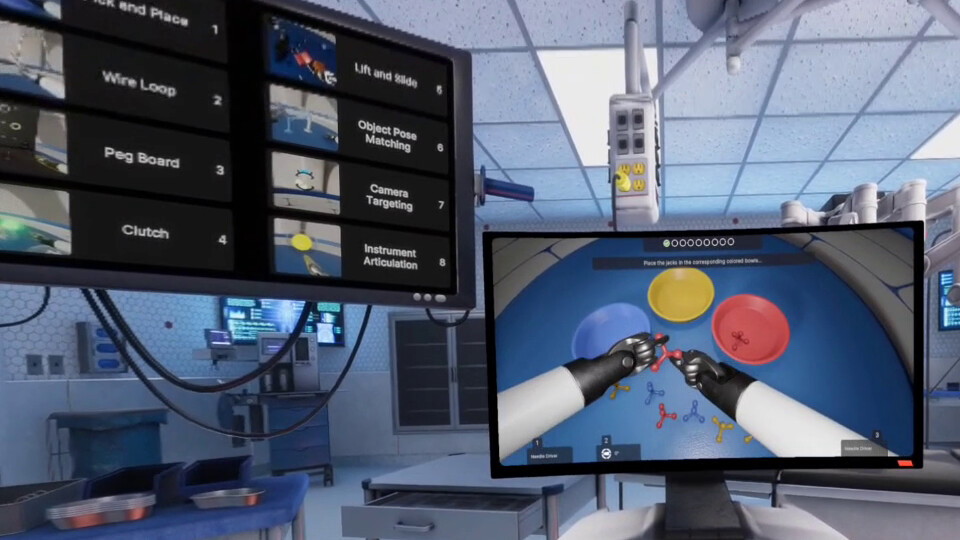 Video: headset view from the surgeon's console in the VR operating room, running the pick-and-place exercise on the console monitor