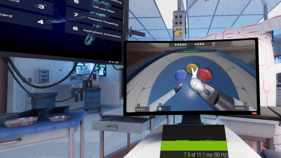 Headset view from the surgeon's console in VR: the exercise menu on an overhead monitor, a finished pick-and-place exercise on the console monitor, and a frame-time graph