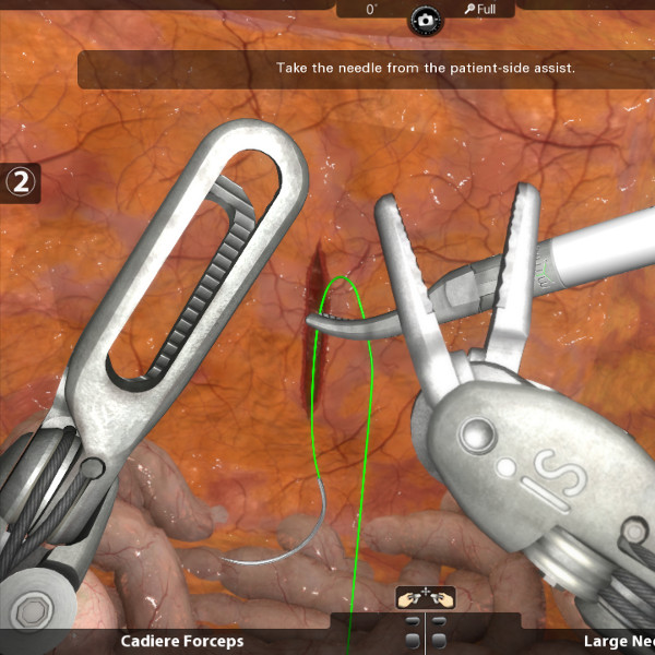 Surgical simulator: two instruments passing a curved needle over tissue