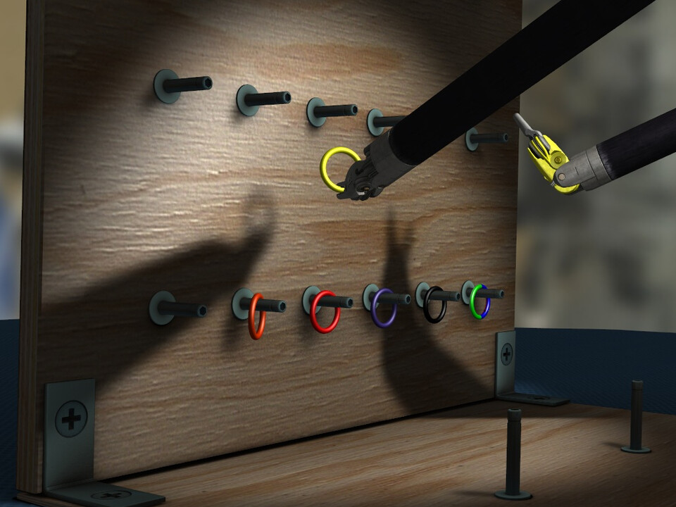 Soft, blurred shadows of two instruments cast onto a pegboard holding colored rings