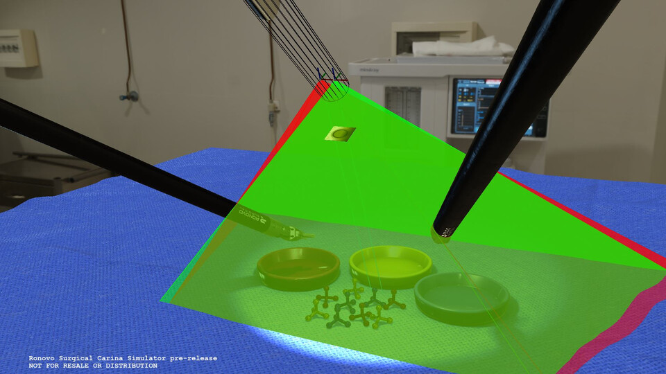 Translucent green and red frusta of the left and right stereo cameras drawn from the endoscope over a pick-and-place scene