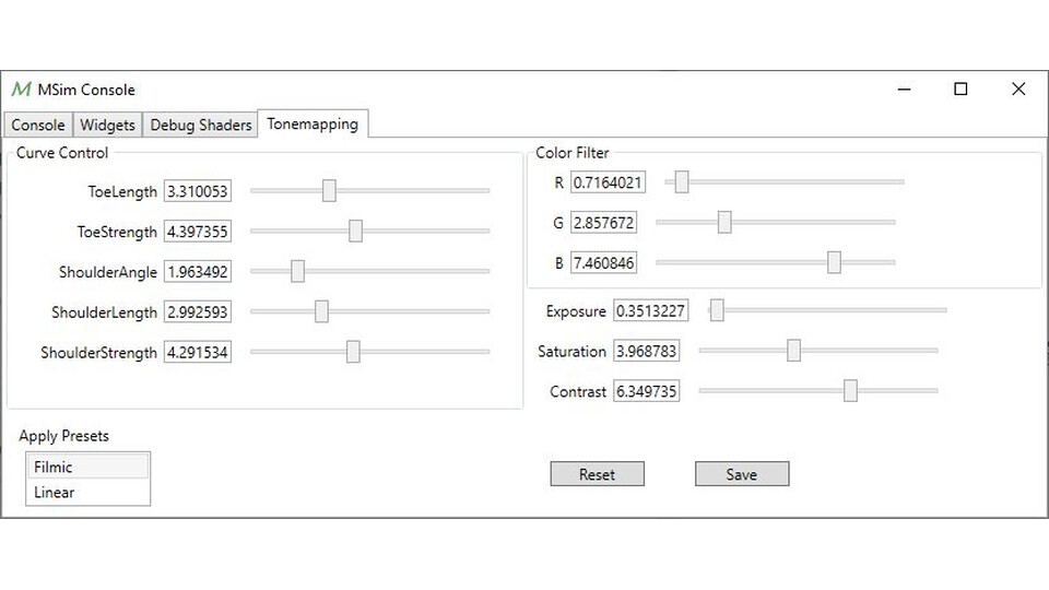 MSim Console window on its Tonemapping tab, with sliders for the curve's toe and shoulder, an RGB color filter, exposure, saturation and contrast, and Filmic and Linear presets