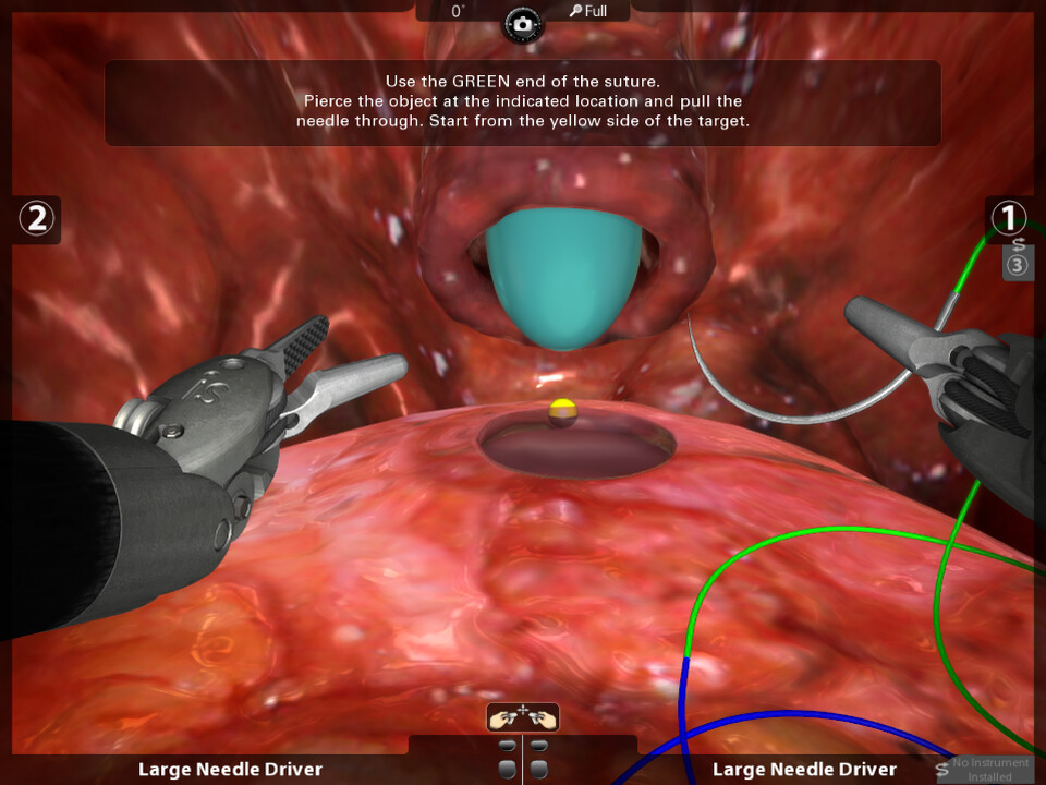 Suturing exercise: a needle driver holds the suture beside a target marked on deformable tissue, with on-screen instructions