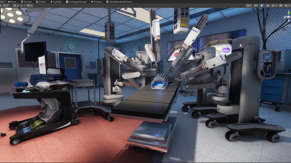 Close view of the virtual operating room's patient-side robot arms over the operating table, with the surgeon's console at left