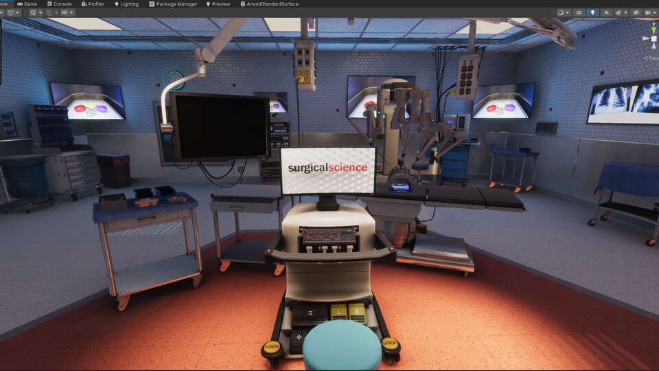 Virtual operating room seen from behind the surgeon's console and stool, with the patient-side robot and wall monitors beyond