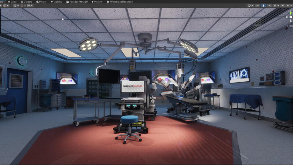 Virtual operating room in the Unity editor, with the surgeon's console and stool in the center, the patient-side robot and operating table behind, and wall monitors