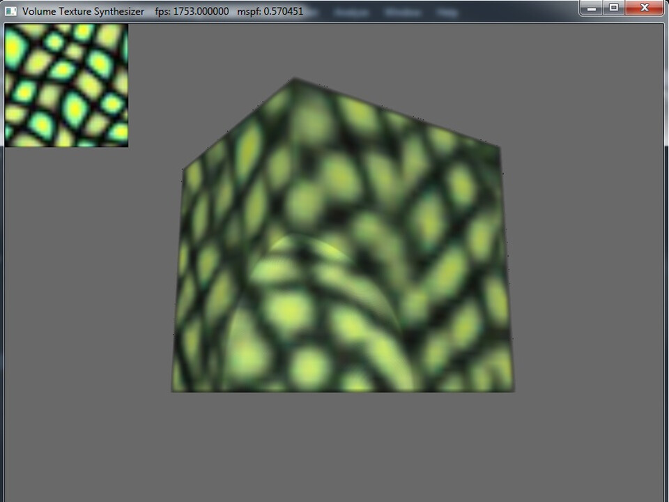 Volume texture synthesis tool: a 2D example texture beside a cube cut from the synthesized volume