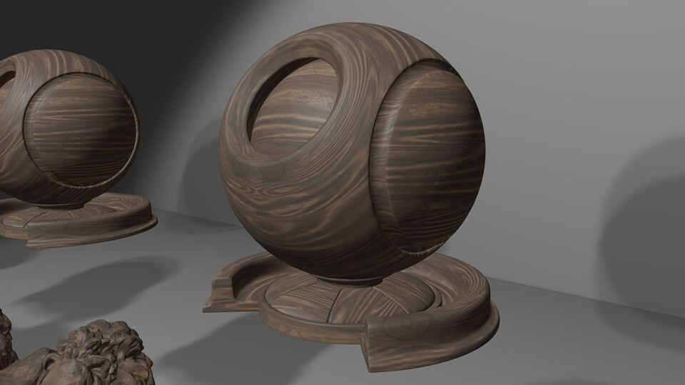 Wooden spheres on pedestals with a matte finish