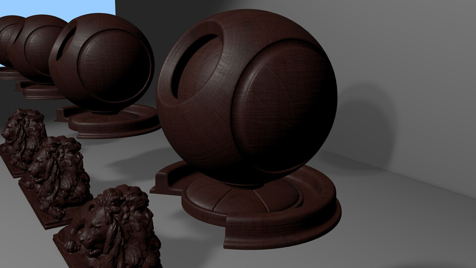Dark wooden spheres and lion statues with a matte finish