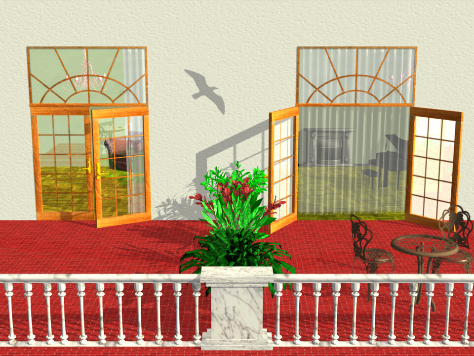 RenderMan scene: a balcony with open French doors, a potted plant and a gull