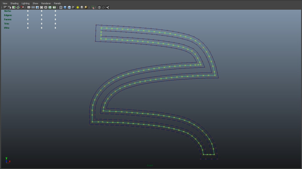 Maya viewport showing an S-shaped spline pattern with its inner and outer boundary curves