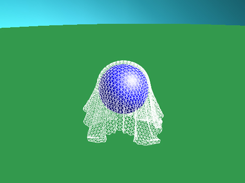Cloth simulation: a mesh of cloth draped over a blue sphere