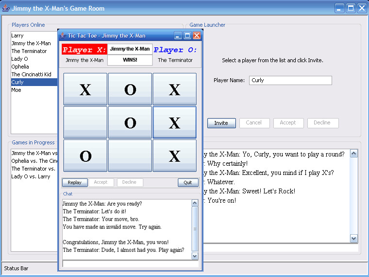 Tic-tac-toe game room: player list, a finished game and the chat window